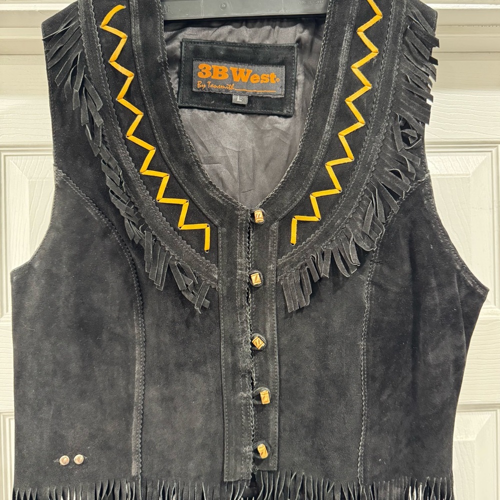 Vintage 3B West by Tansmith Black Suede Fringe Vest with Yellow  Accents